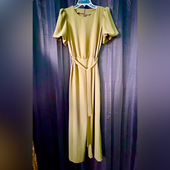 Pretty Garden Pants - Pretty Garden Olive Green Bubble-Sleeve Belted Jumpsuit, Size S